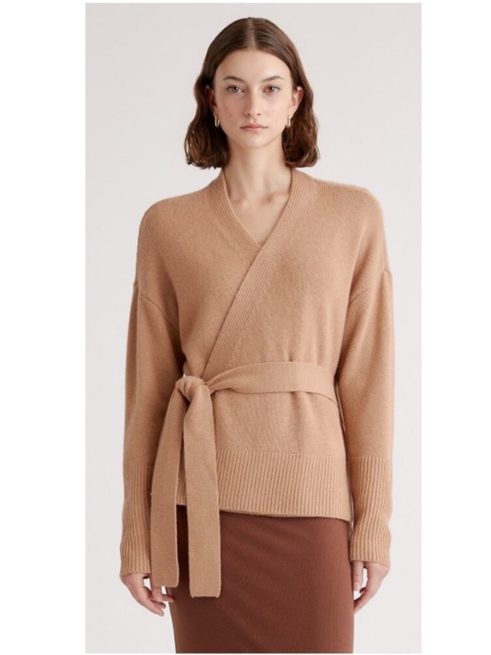 Quince Mongolian Cashmere Belted Wrap Sweater Camel Tan Size M - Picture 3 of 12